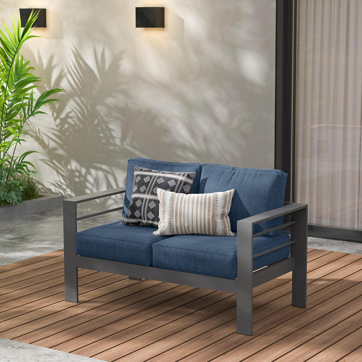 Wisteria Lane Aluminium Love Seat - Grey with Blue Cushions