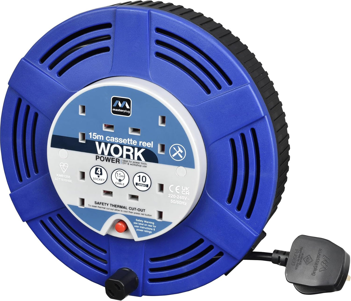 Four Socket Cassette Cable Reel 15 Metres - Blue