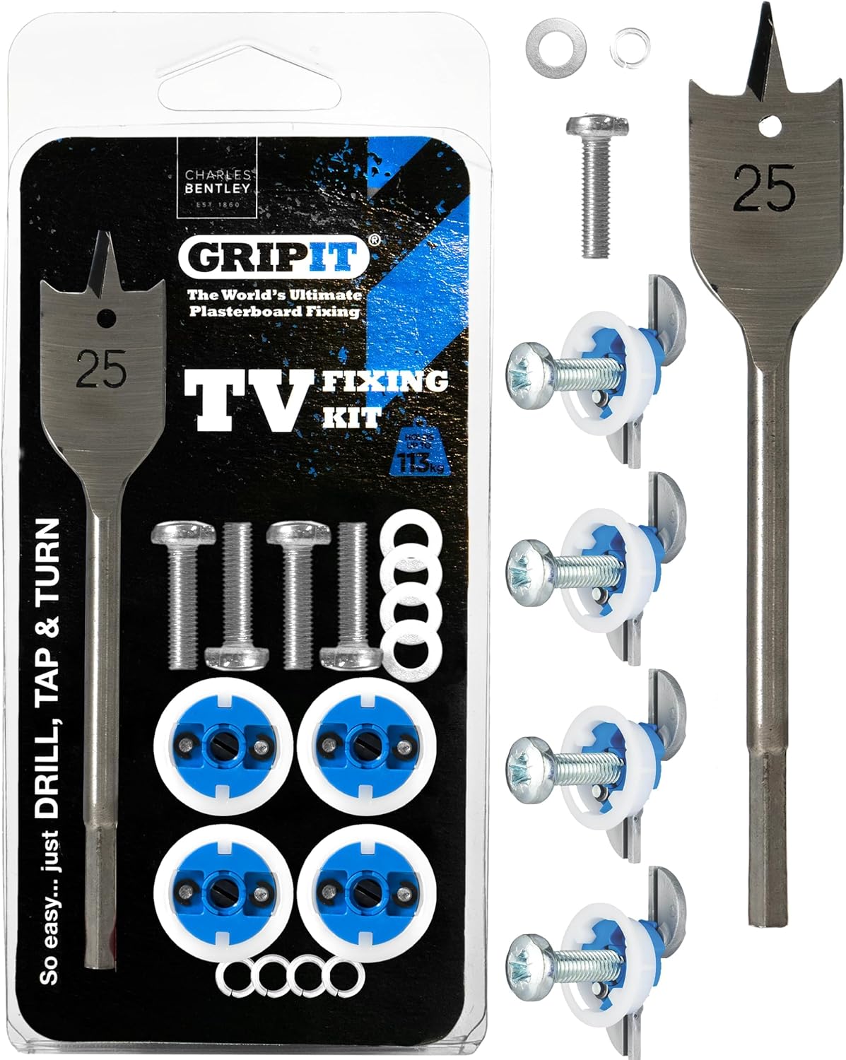 Blue TV Kit - Pack of 4 - Heavy Duty Plasterboard Fixings for Drywall & Stud Wall