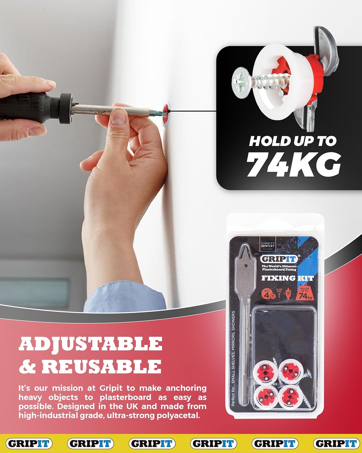 Red Shelf Kit - Pack of 4 - Heavy Duty Plasterboard Fixings for Drywall & Stud Wall