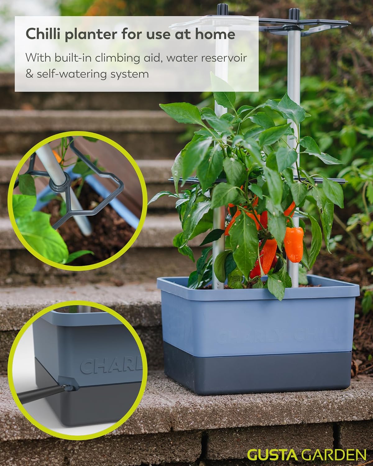 Charly Chili Planter Blue - Climbing Aid, Self-Watering System & Robust Frame