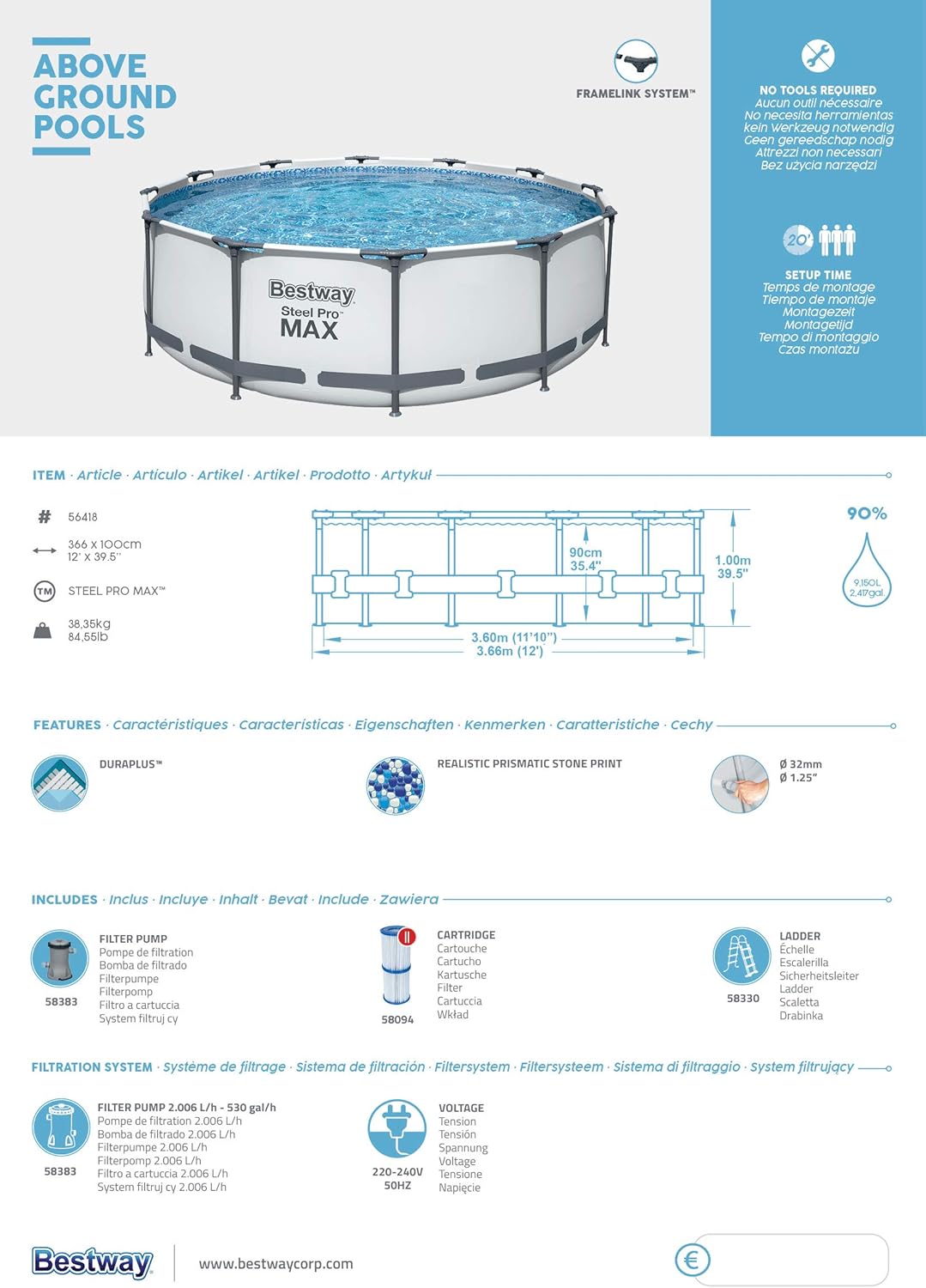 Bestway 12ft x 39.5in Grey Round Steel Pro Max Above Ground Pool Set
