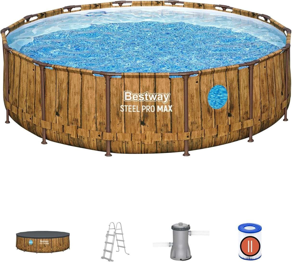 Bestway 14ft x 42in Wood Print Round Steel Pro Max Splashview Above Ground Pool Set