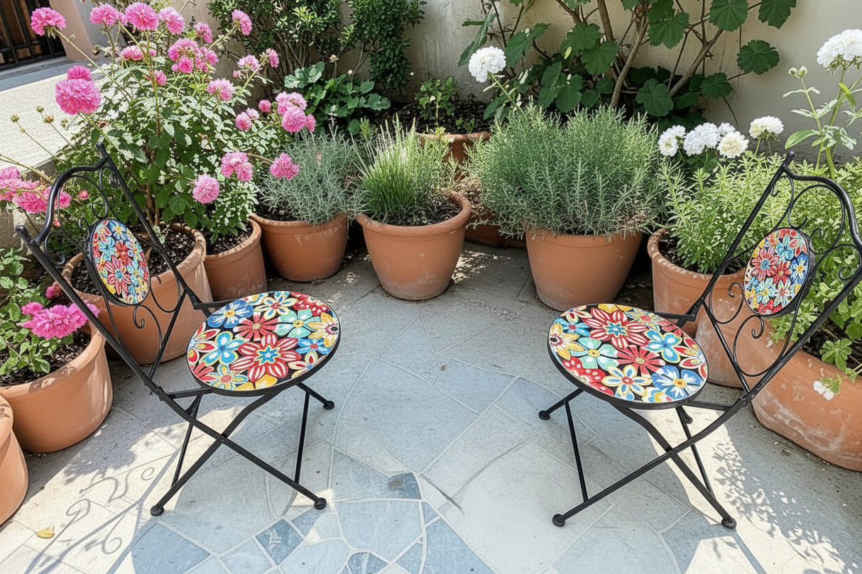 Bold Flower Print Mosaic Metal Bistro Pair of Chairs