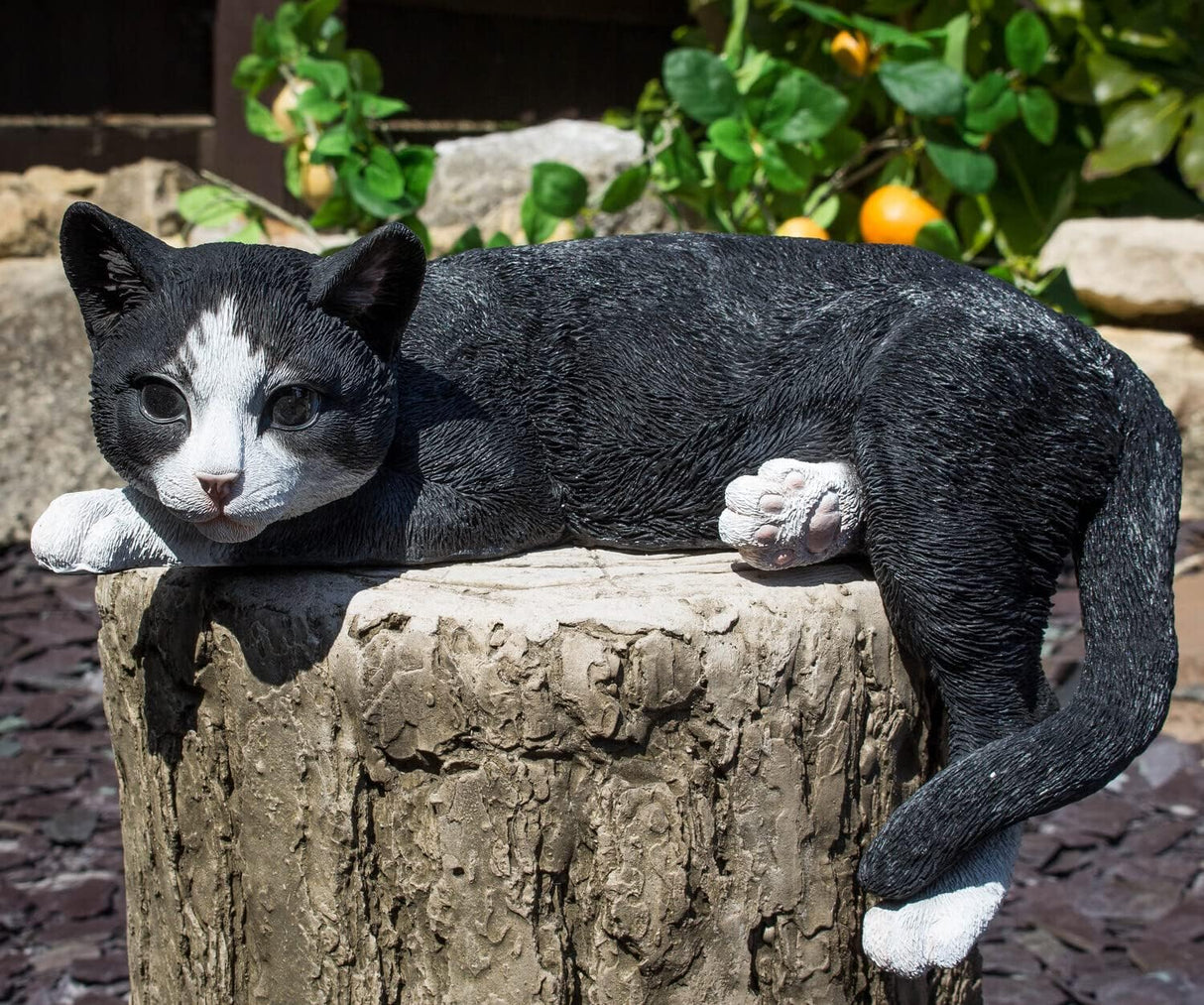 Large Laying Black & White Cat Garden Ornament