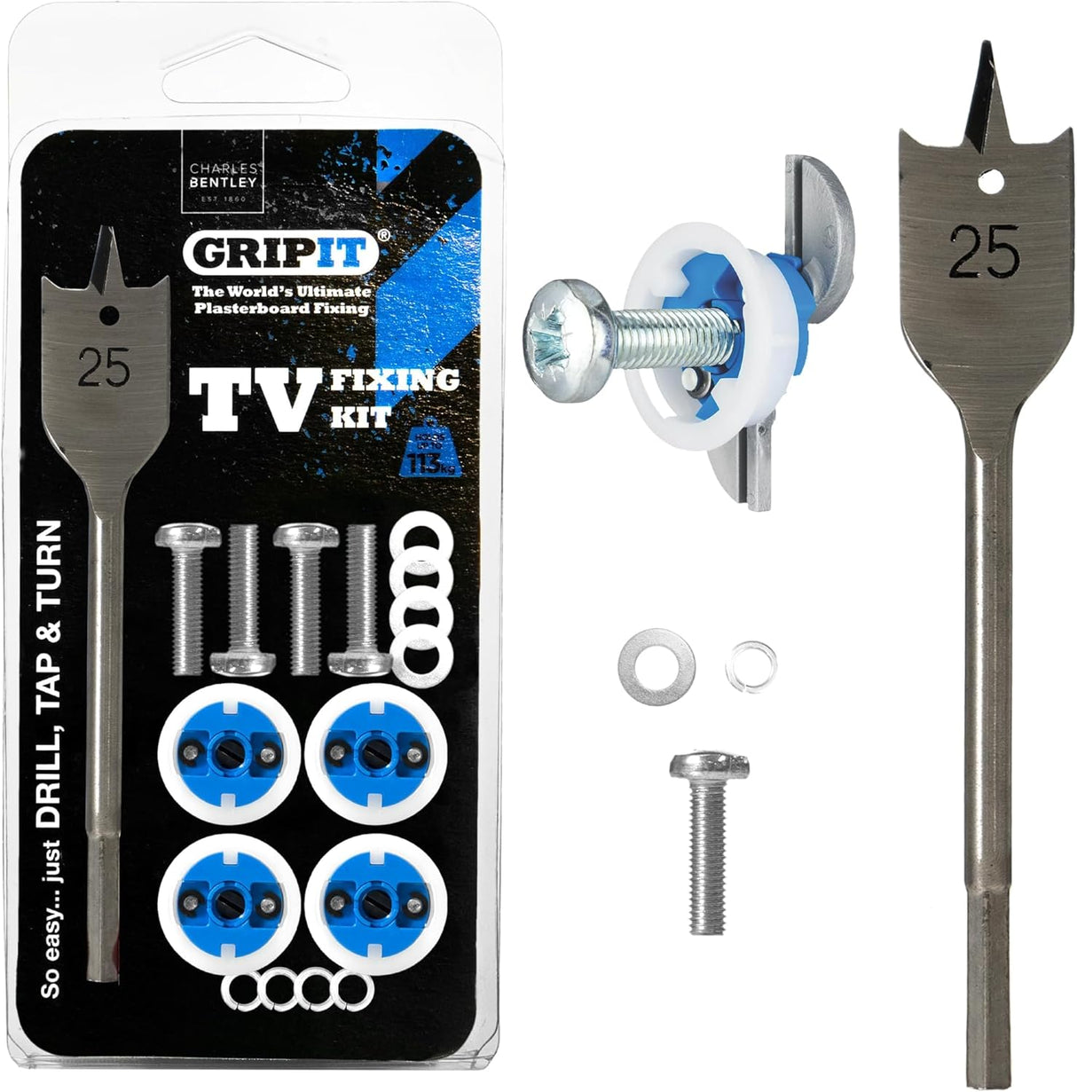 Blue TV Kit - Pack of 4 - Heavy Duty Plasterboard Fixings for Drywall & Stud Wall