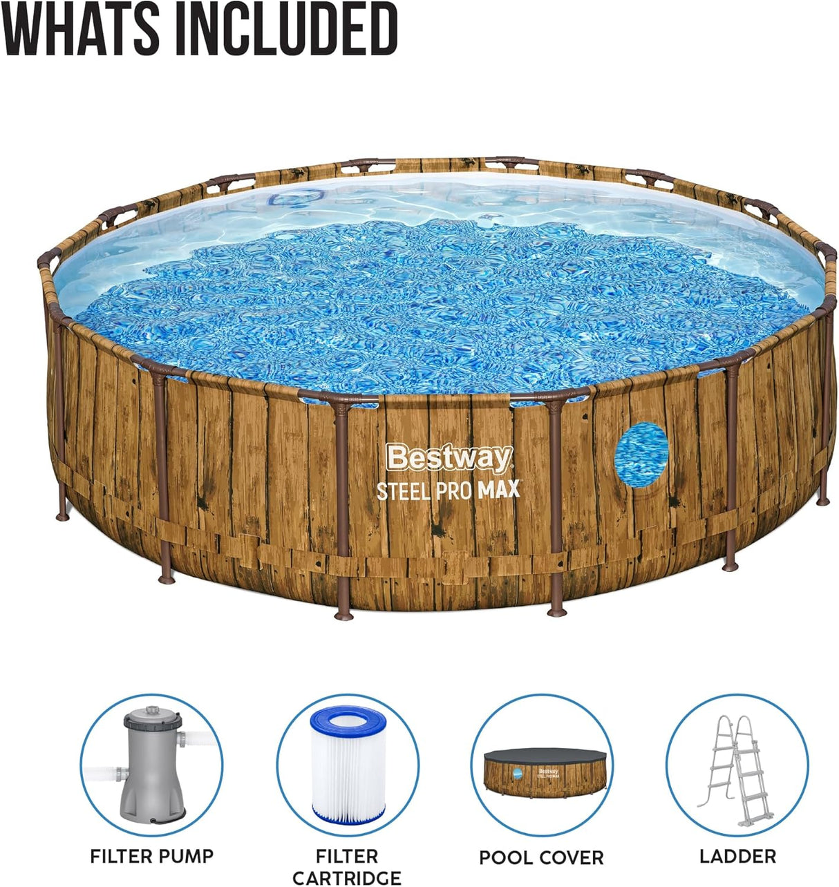 Bestway 14ft x 42in Wood Print Round Steel Pro Max Splashview Above Ground Pool Set