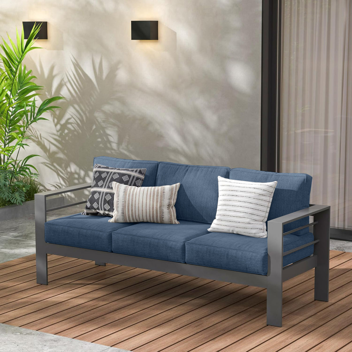 Wisteria Lane Aluminium 3 Seat Garden Sofa - Grey with Blue Cushions