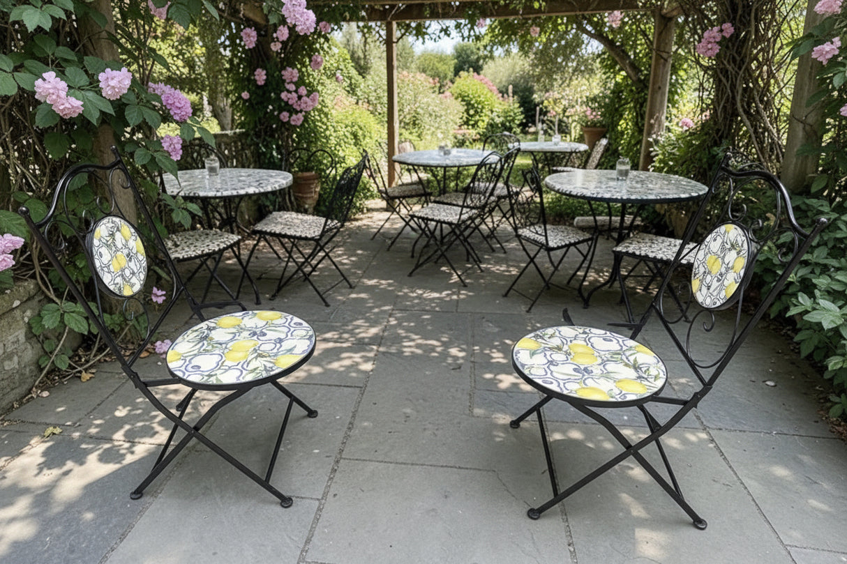 Lemon and Olive Print Mosaic Metal Bistro Pair of Chairs