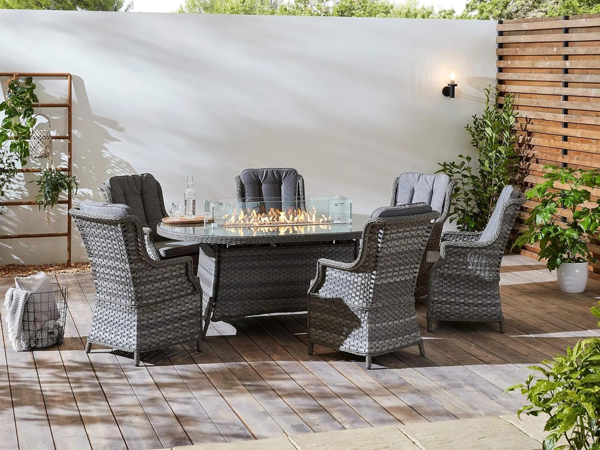 Amalfi High Back 6 Seat Oval Dining Set with Fire Pit Table in Grey
