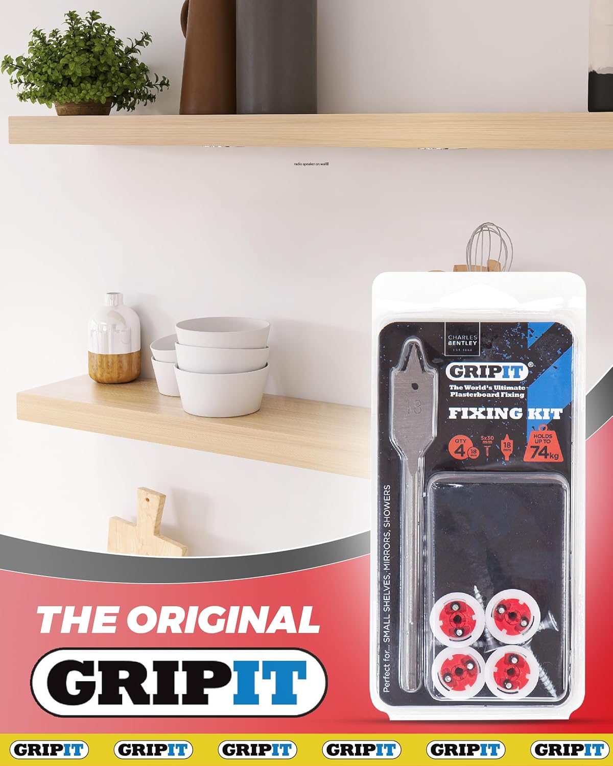 Red Shelf Kit - Pack of 4 - Heavy Duty Plasterboard Fixings for Drywall & Stud Wall