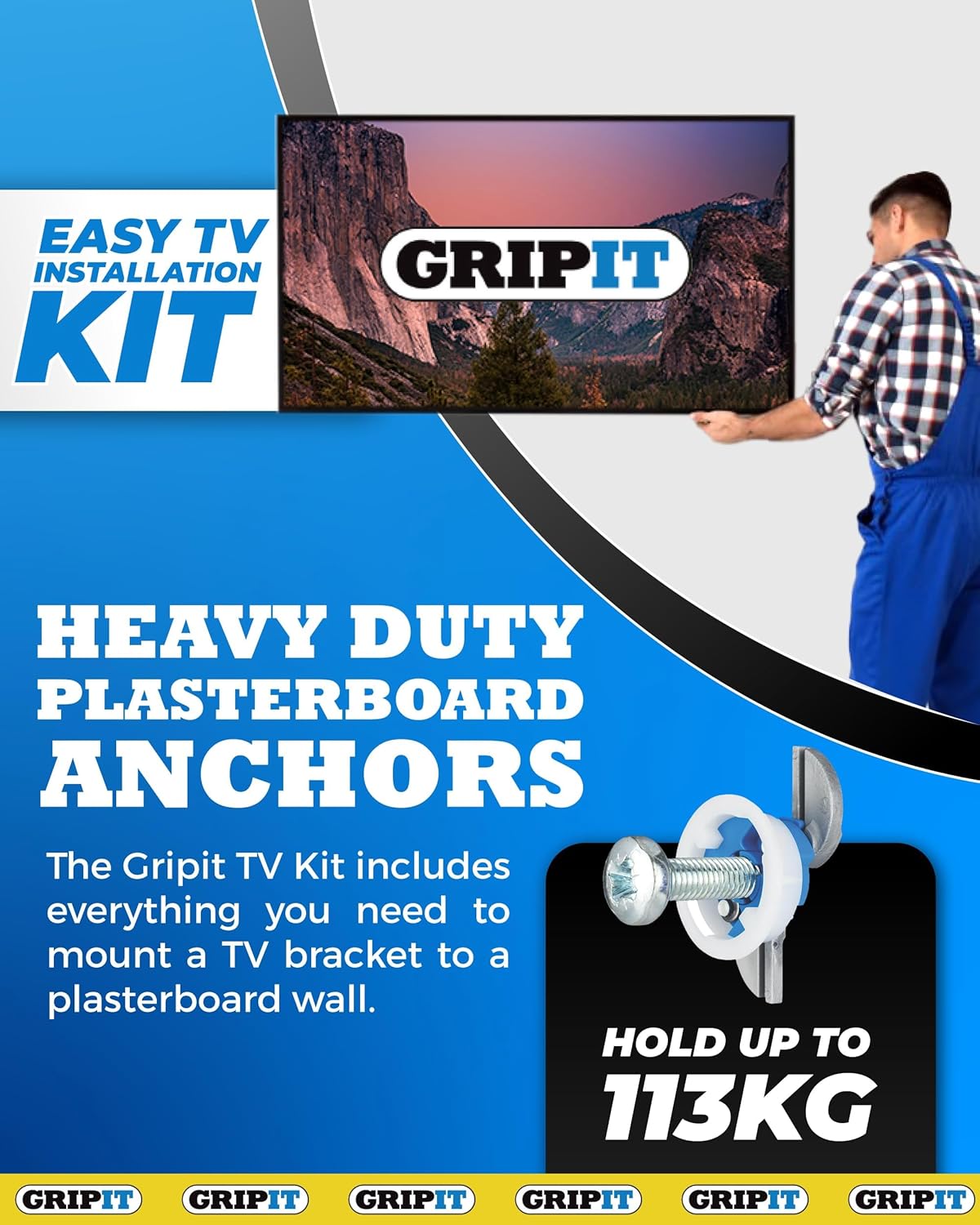 Blue TV Kit - Pack of 4 - Heavy Duty Plasterboard Fixings for Drywall & Stud Wall