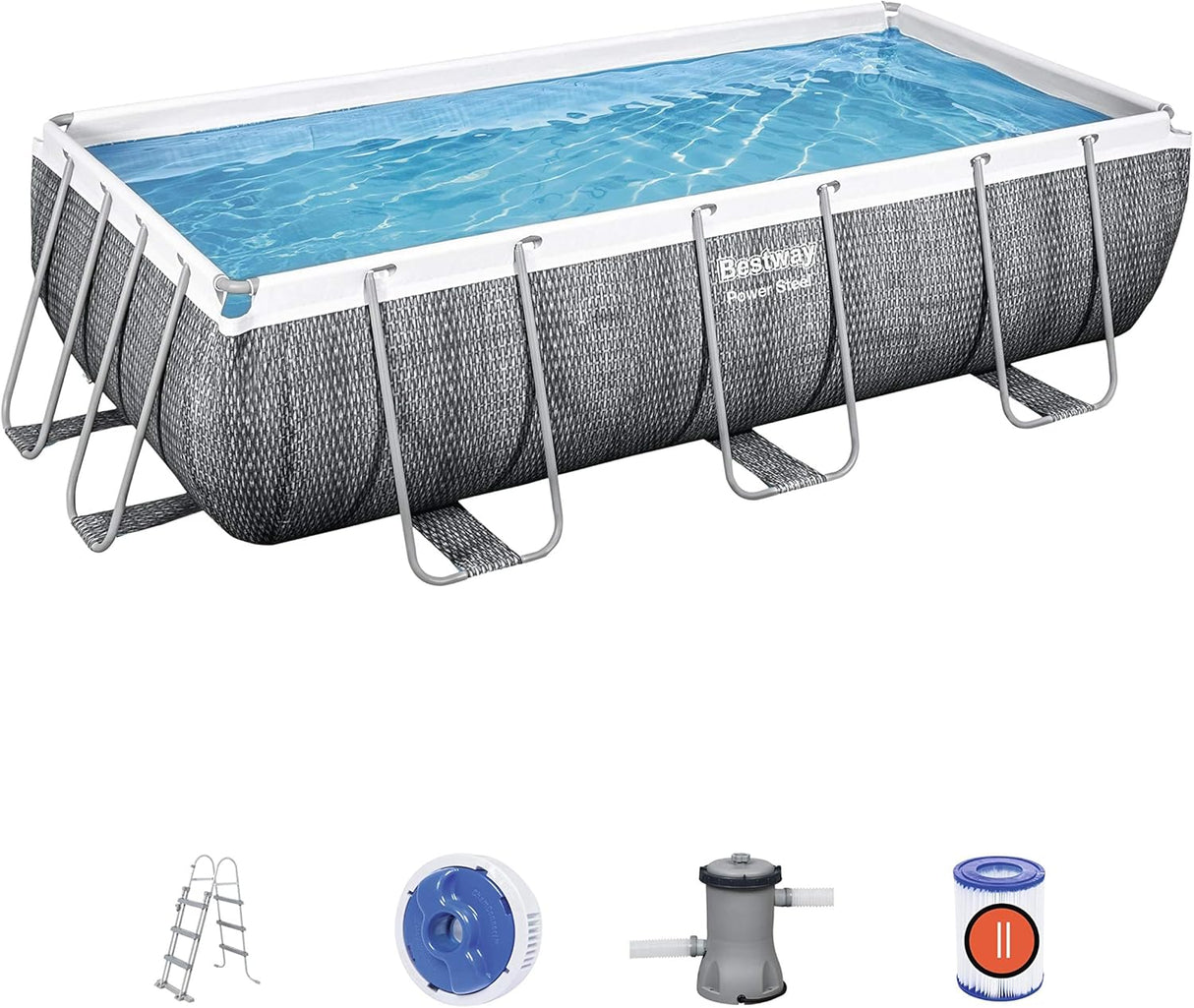 Bestway 13.3ft x 6.7ft x 39.5in Rattan Print Rectangle Power Steel Above Ground Pool Set