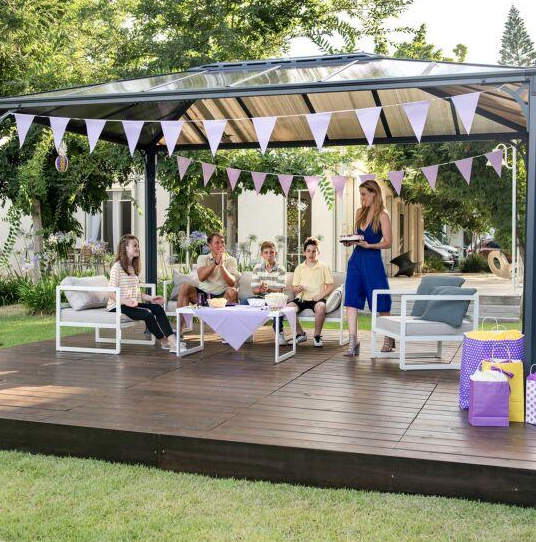 Martinique 3m x 4.3m Garden Gazebo in Grey Aluminium with Polycarbonate Roof