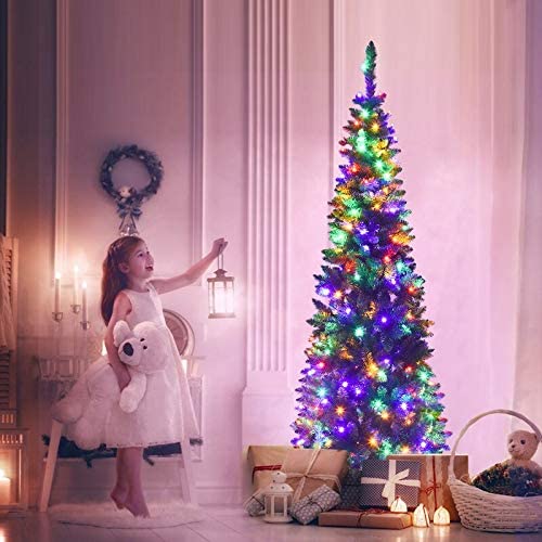 Pre-Lit Pencil Pine Christmas Tree 7ft/210cm - Multicolour LEDs