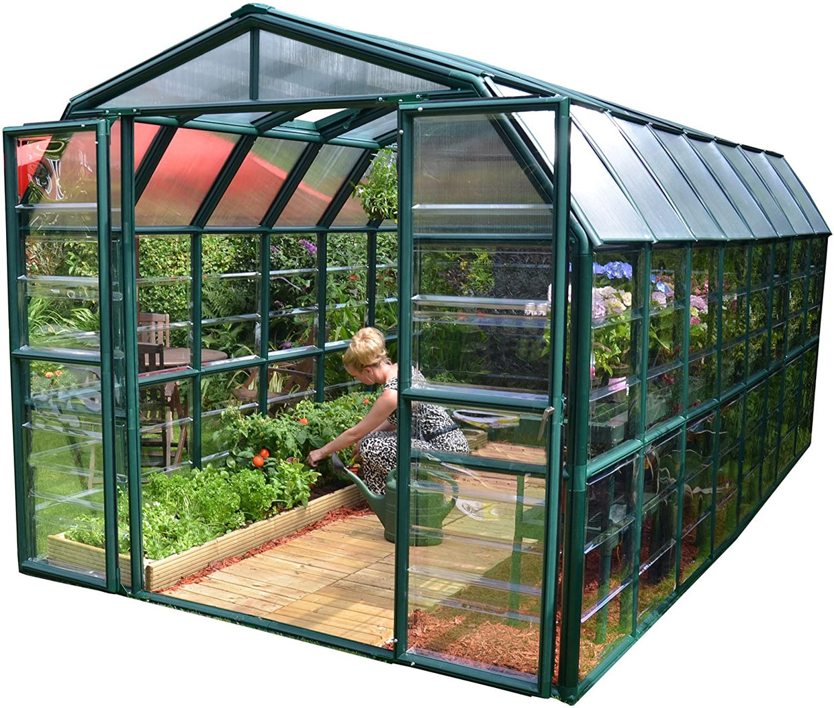 Grand Gardener 8' x 16' Greenhouse - Green Frame & Hybrid Polycarbonate Panels