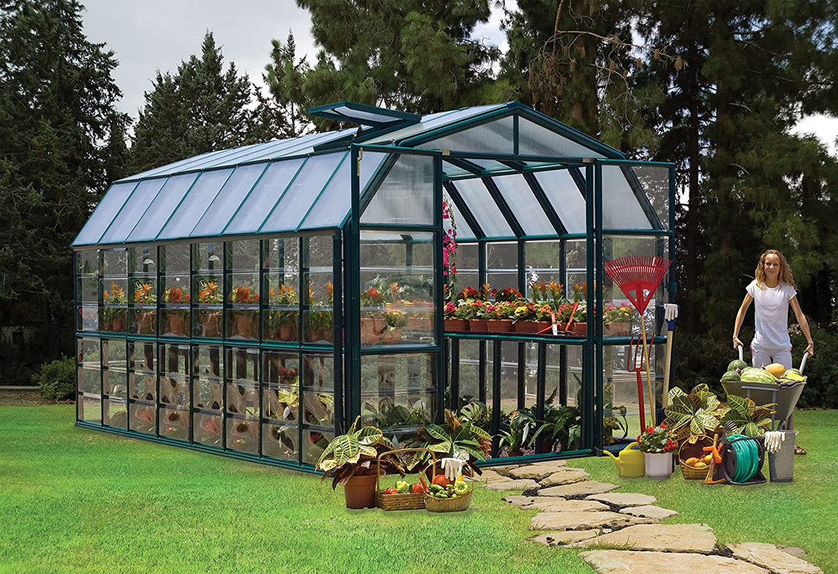 Grand Gardener 8' x 16' Greenhouse - Green Frame & Hybrid Polycarbonate Panels