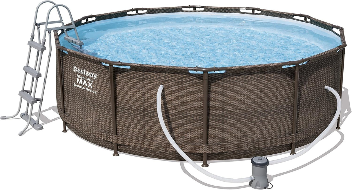 Bestway 12ft x 39.5in Rattan Print Round Steel Pro Max Deluxe Above Ground Pool Set