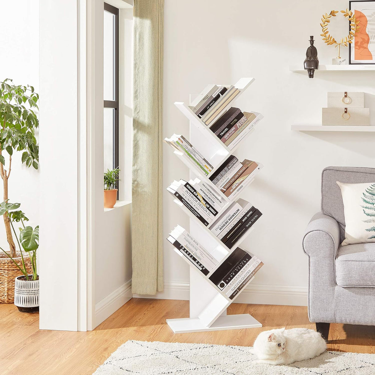 Modern 8 Tier White Wooden Bookshelf