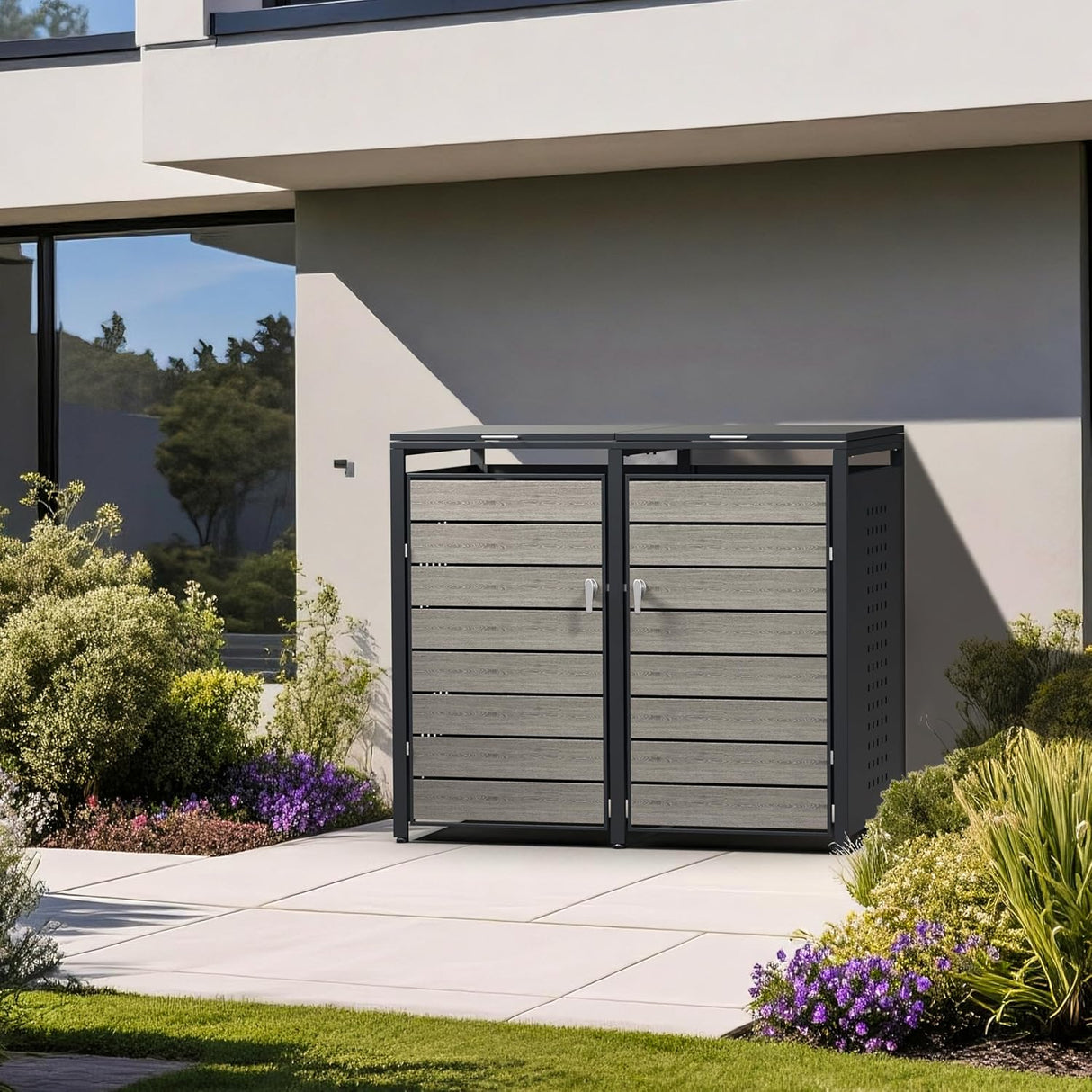 Modern Wheelie Bin Storage - Double Bin - Wood Grain