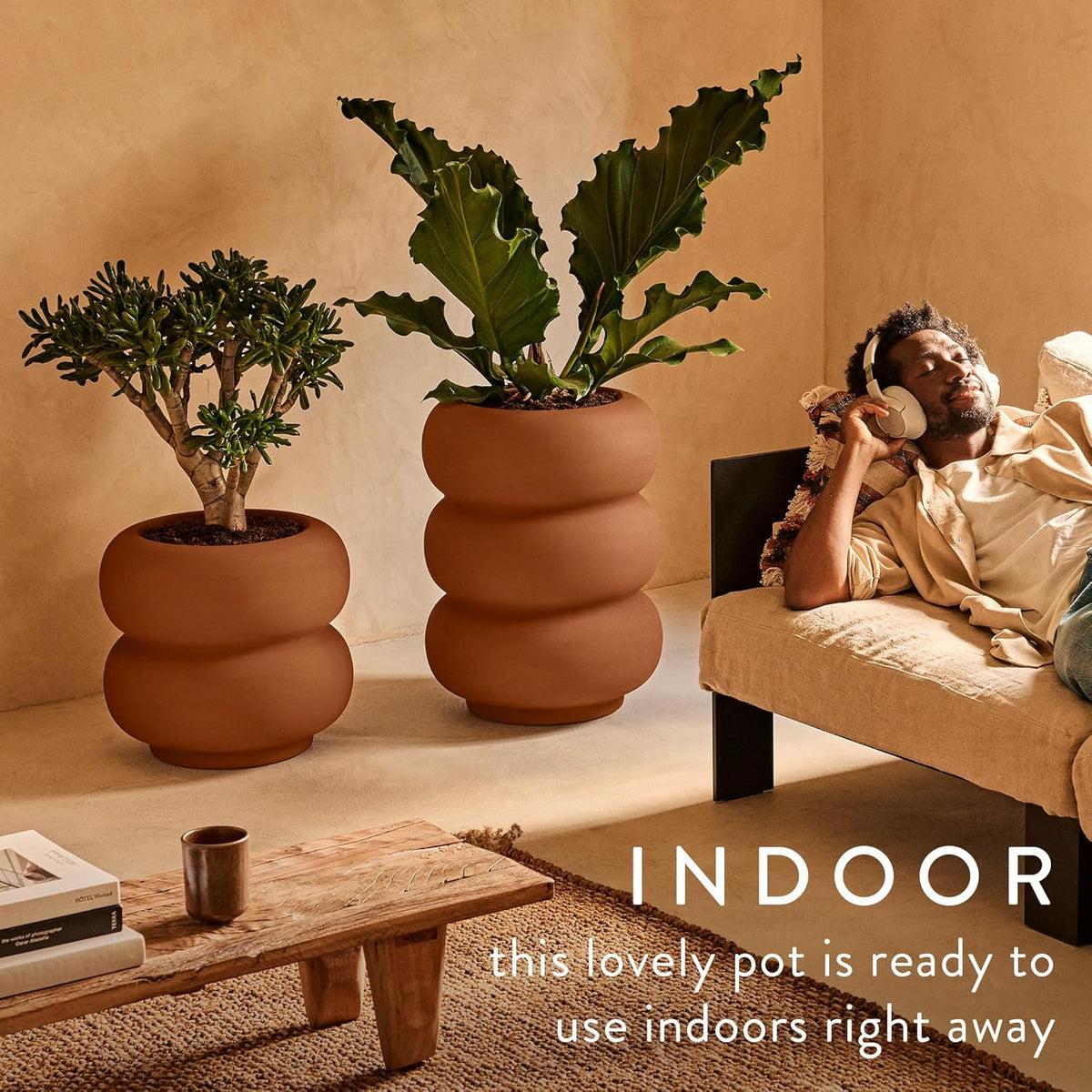 Amber Roll High 43cm Indoor / Outdoor Plant Pot - Caramel