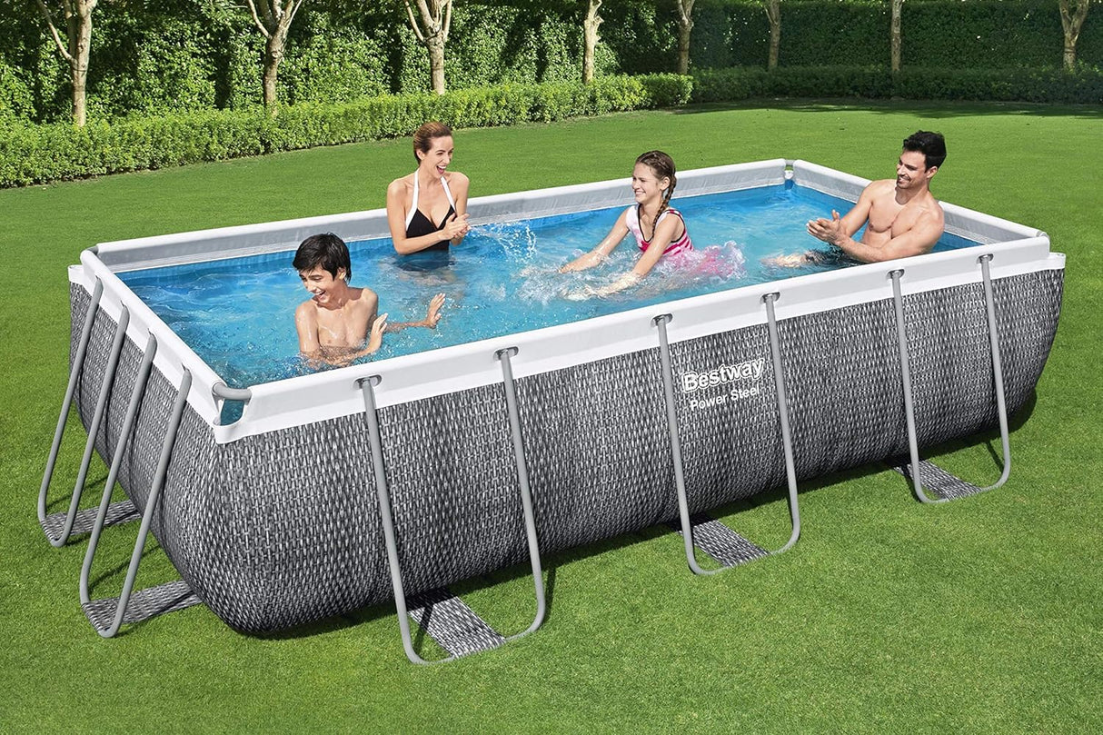 Bestway 13.3ft x 6.7ft x 39.5in Rattan Print Rectangle Power Steel Above Ground Pool Set