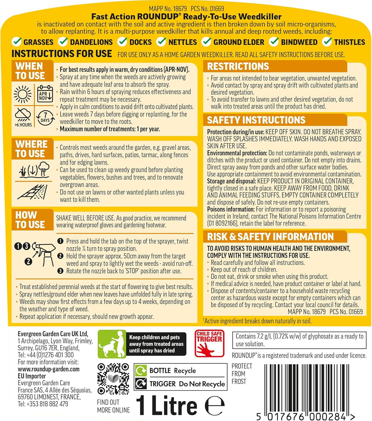 Roundup Fast Action Weedkiller Ready To Use Spray - 1L