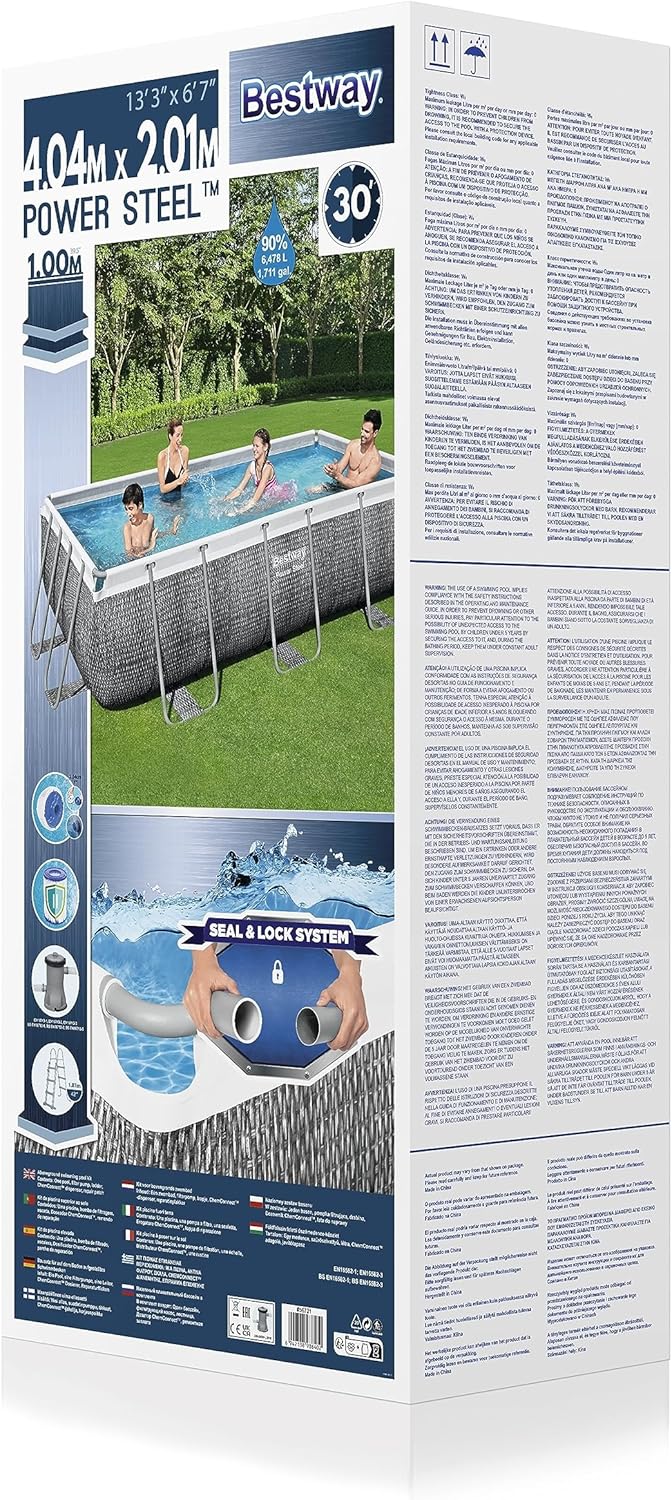 Bestway 13.3ft x 6.7ft x 39.5in Rattan Print Rectangle Power Steel Above Ground Pool Set