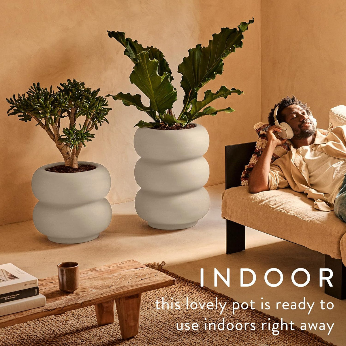 Amber Roll Low 43cm Indoor / Outdoor Plant Pot - Linen White