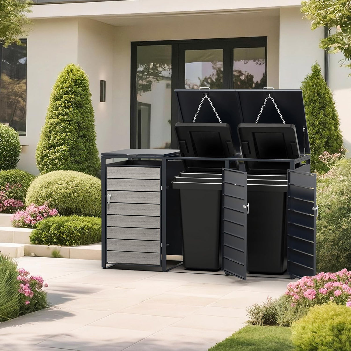 Modern Wheelie Bin Storage - Triple Bin - Wood Grain