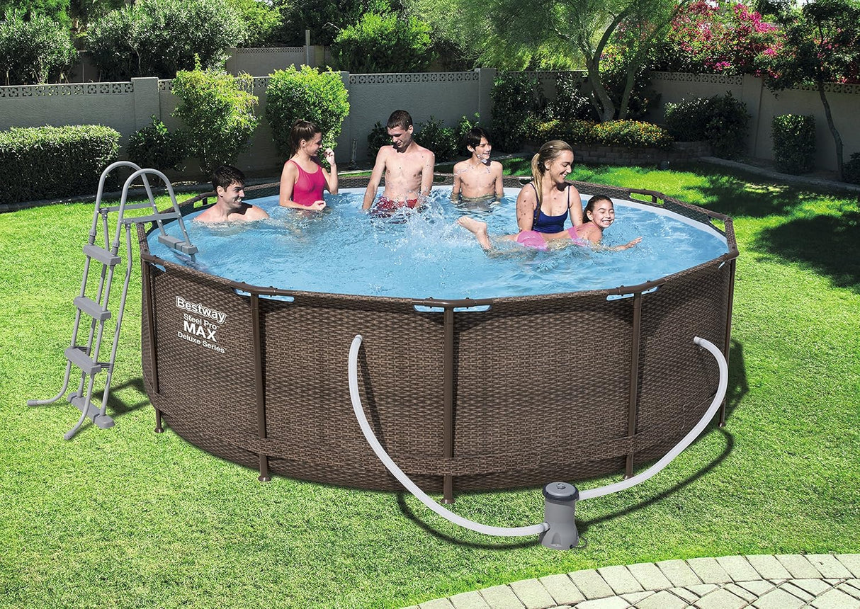 Bestway 12ft x 39.5in Rattan Print Round Steel Pro Max Deluxe Above Ground Pool Set