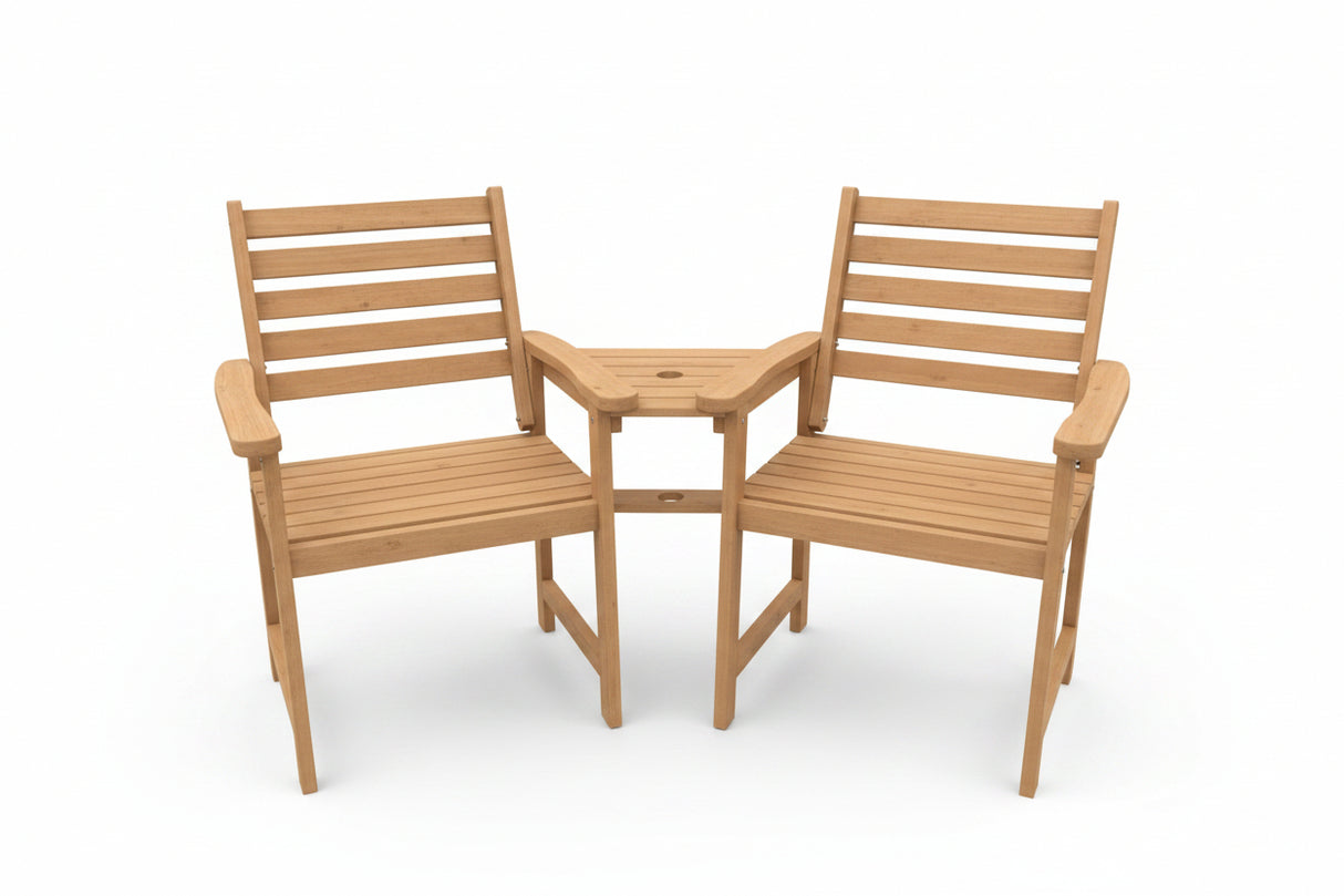 Wooden Outdoor Loveseat, Solid Wood Patio Companion Chair Coffee Table & Built-in Parasol Hole, Love Seat Bench Furniture Garden Balcony Conservatory