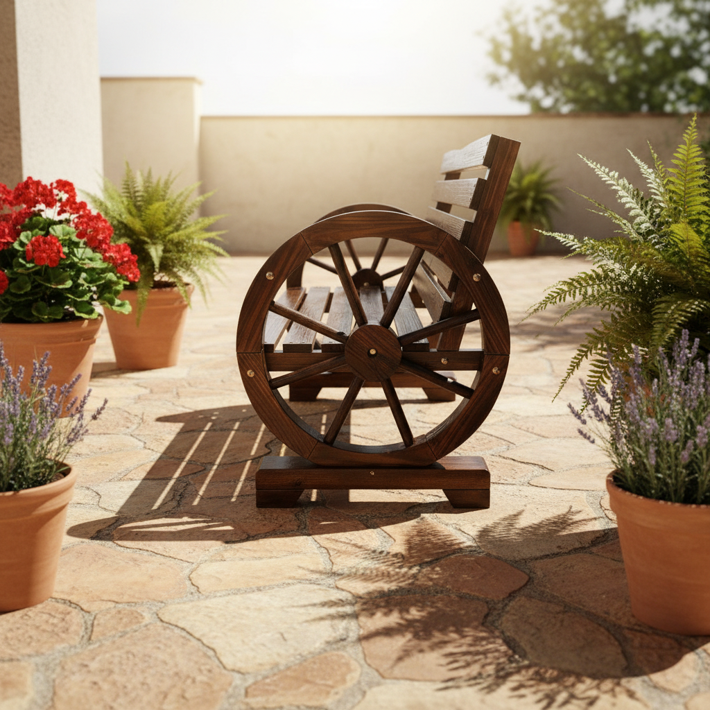 Wooden Wagon Wheel Garden Bench, Rustic Outdoor Bench