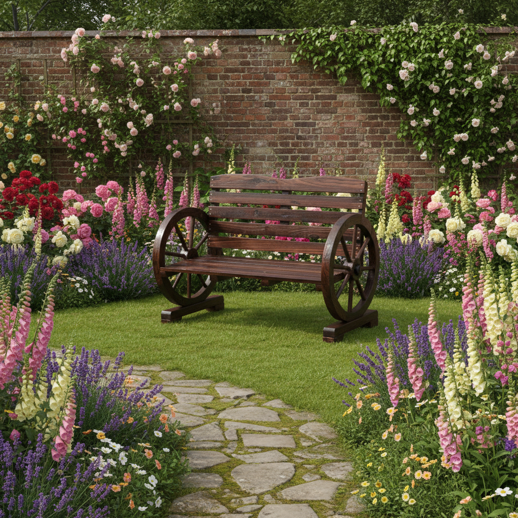 Wooden Wagon Wheel Garden Bench, Rustic Outdoor Bench