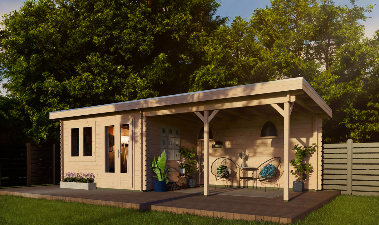 3x7.5m Log Cabin with Canopy (4.5x3m)