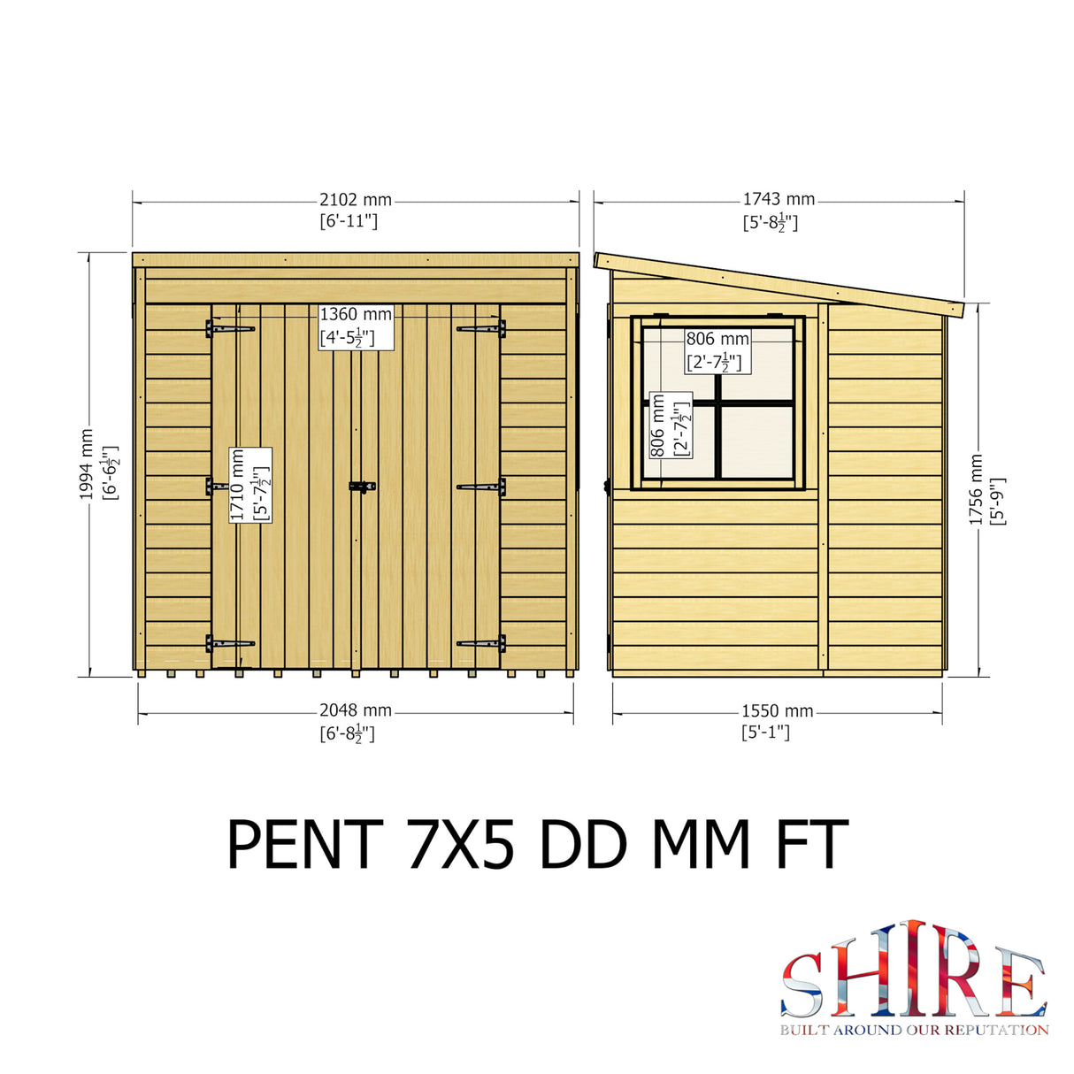 Pent 7 ft x 5 ft Shiplap Double Door Shed