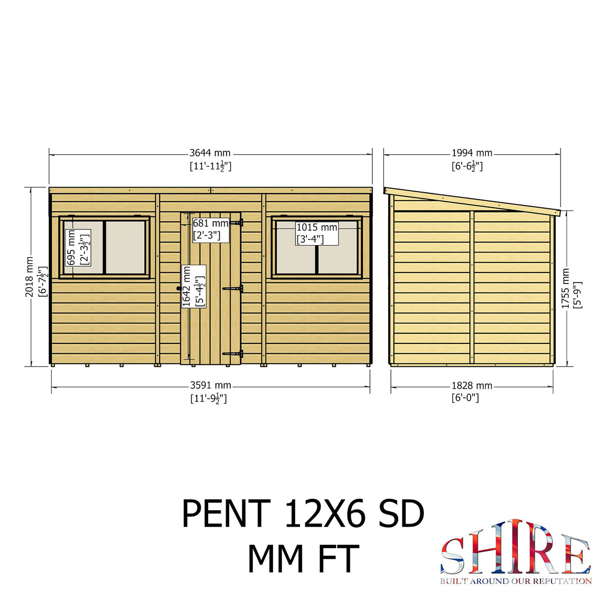 Pent 12 ft x 6 ft Shiplap Shed