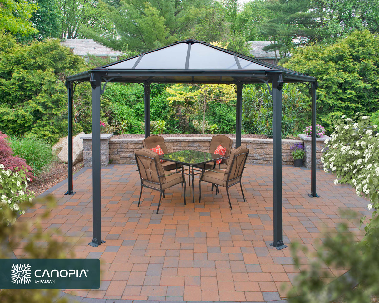 Monaco 3.9m x 4.5m Garden Hexagonal Gazebo in Grey with Polycarbonate Roof