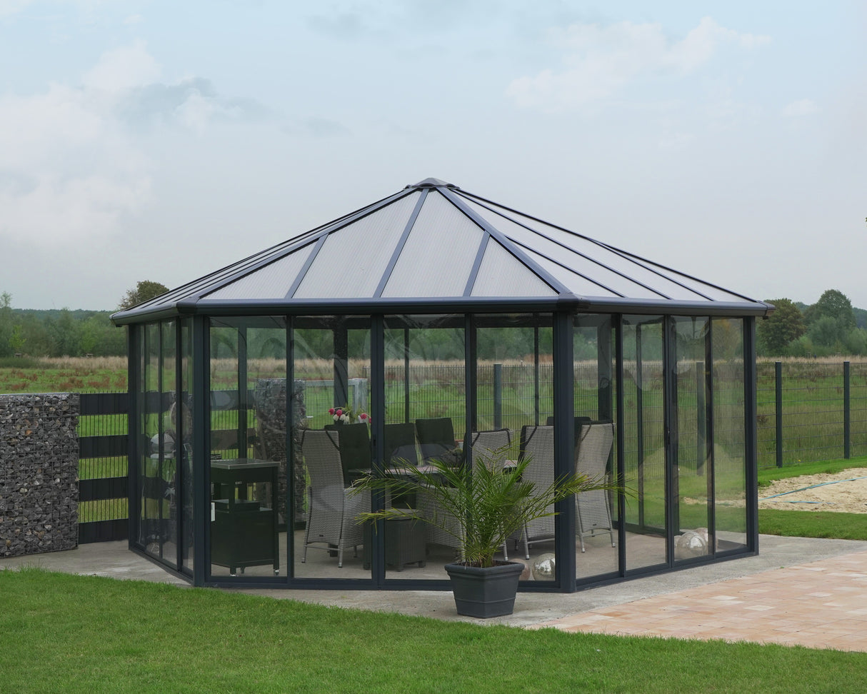 Garda 6m x 5m Hexagonal Enclosed Gazebo Kit - Grey Structure & Hybrid Panels