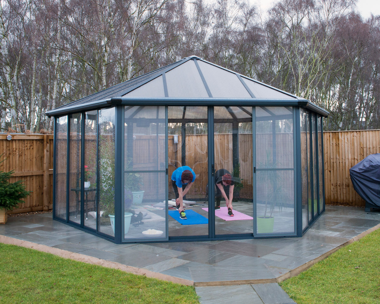 Garda 6m x 5m Hexagonal Enclosed Gazebo Kit - Grey Structure & Hybrid Panels