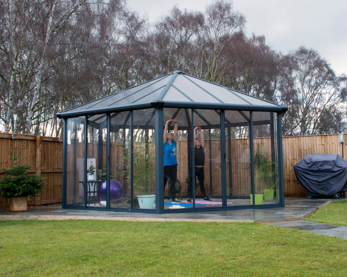 Garda 6m x 5m Hexagonal Enclosed Gazebo Kit - Grey Structure & Hybrid Panels
