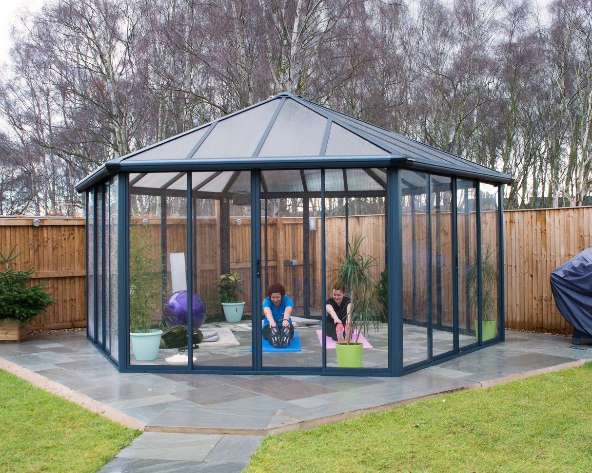 Garda 6m x 5m Hexagonal Enclosed Gazebo Kit - Grey Structure & Hybrid Panels