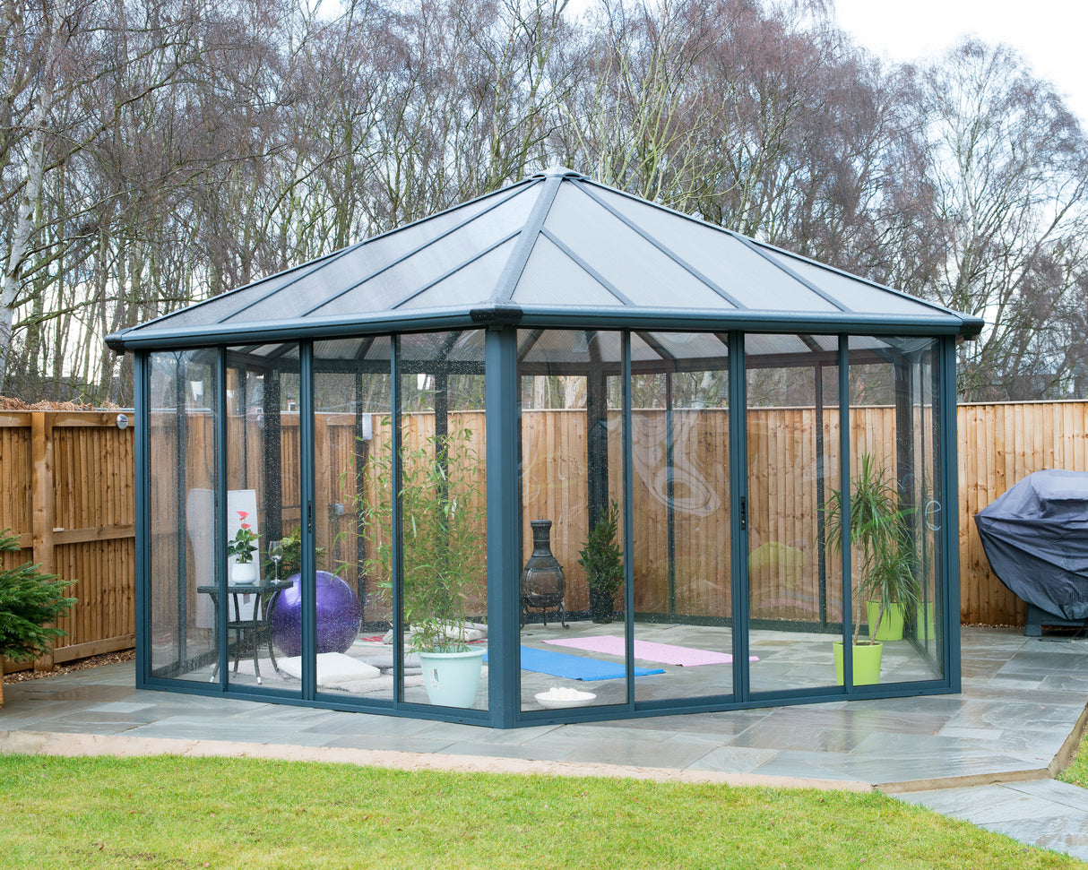 Garda 6m x 5m Hexagonal Enclosed Gazebo Kit - Grey Structure & Hybrid Panels