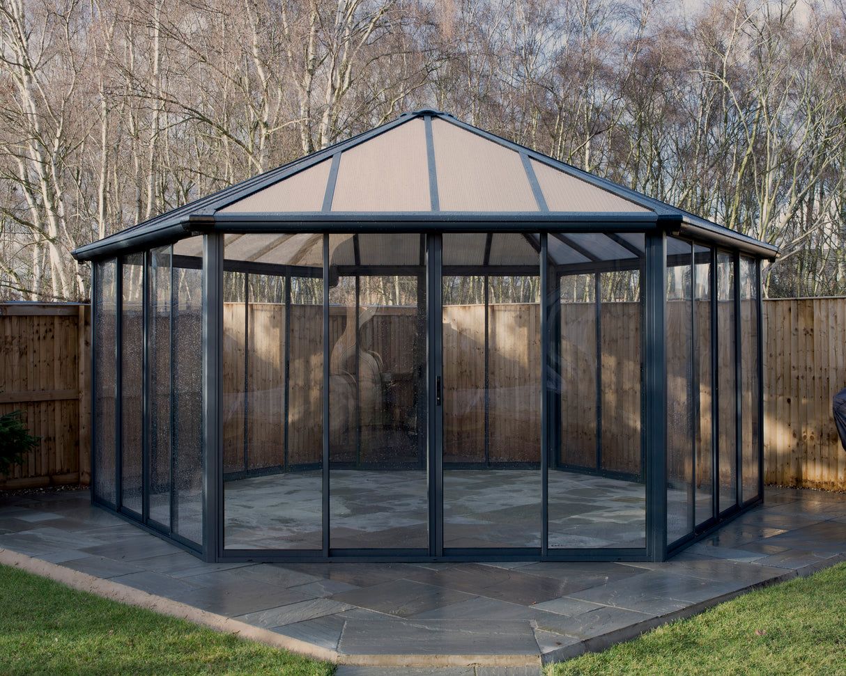 Garda 6m x 5m Hexagonal Enclosed Gazebo Kit - Grey Structure & Hybrid Panels