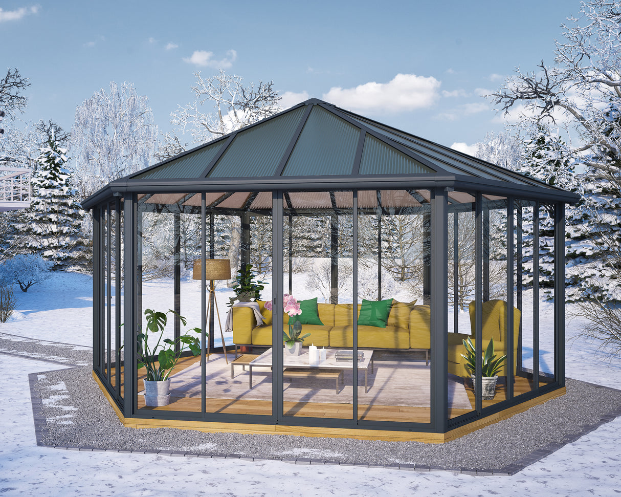 Garda 6m x 5m Hexagonal Enclosed Gazebo Kit - Grey Structure & Hybrid Panels