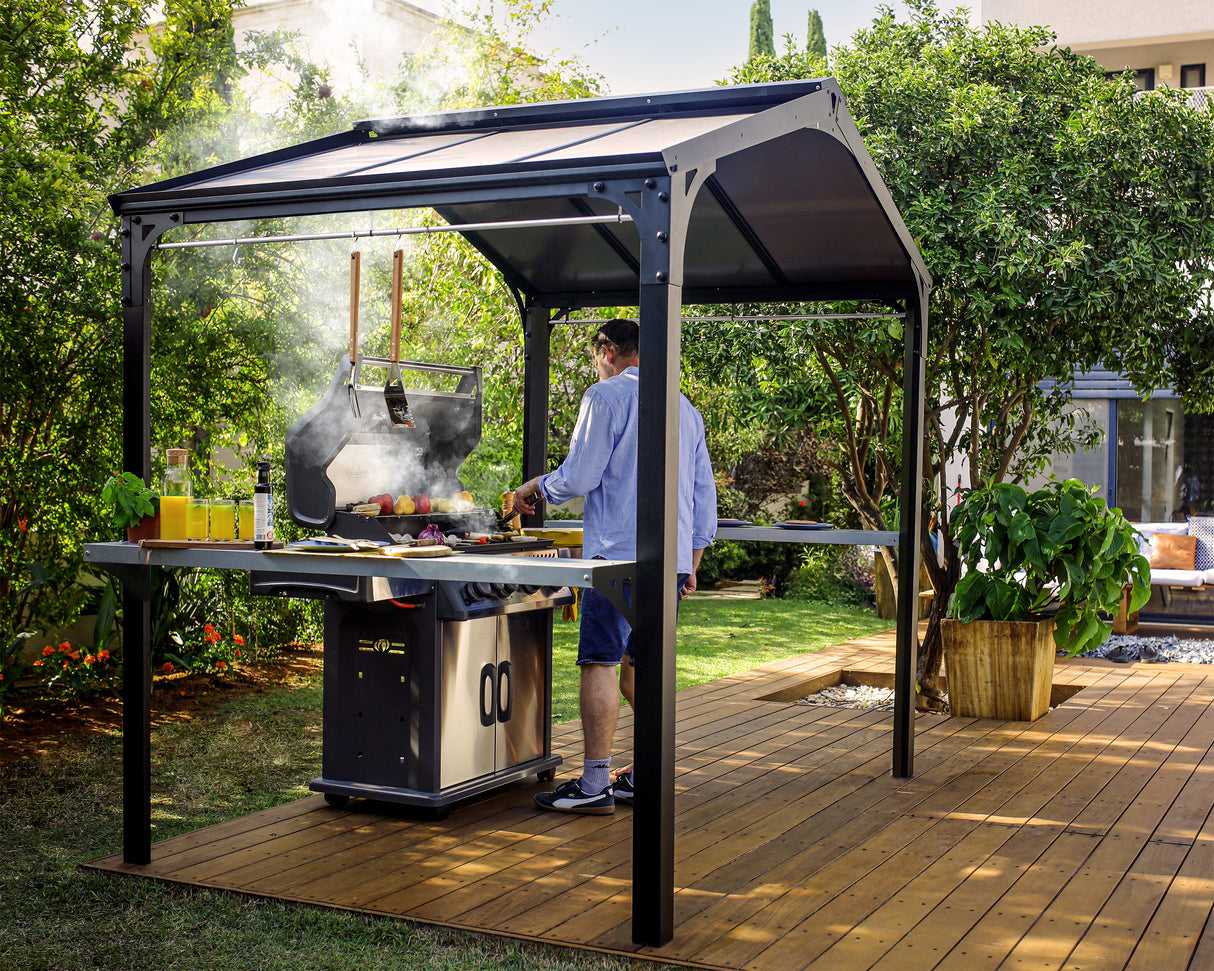 Austin 1.8m x 2.4m Outdoor BBQ Gazebo in Black Aluminium with Polycarbonate Roof