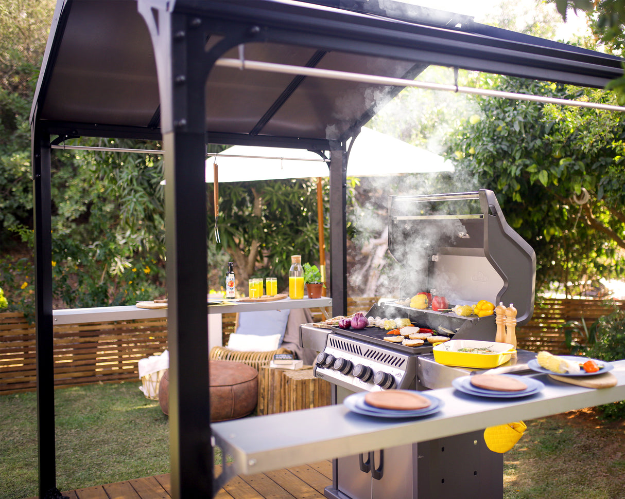 Austin 1.8m x 2.4m Outdoor BBQ Gazebo in Black Aluminium with Polycarbonate Roof