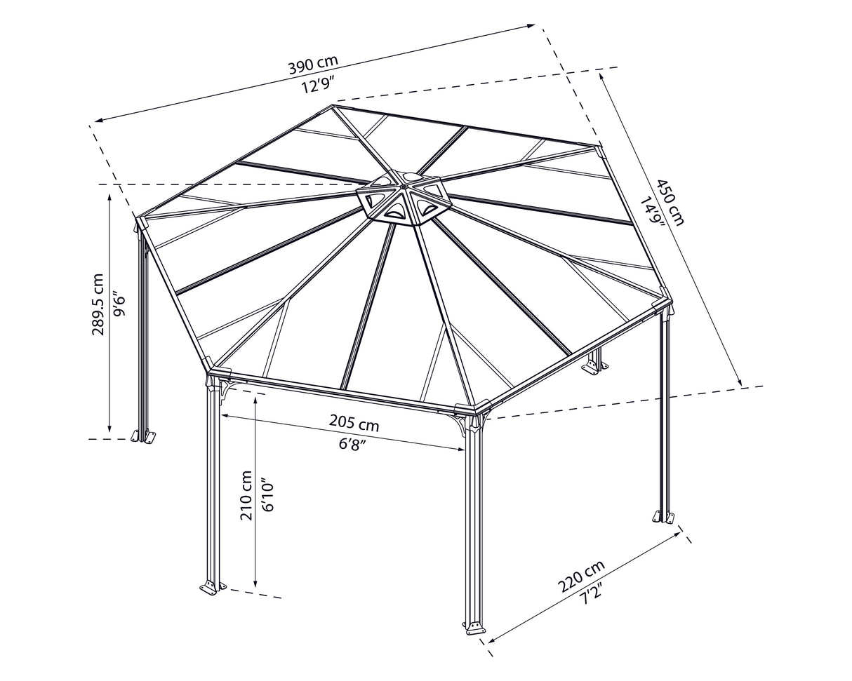 Monaco 3.9m x 4.5m Garden Hexagonal Gazebo in Grey with Polycarbonate Roof