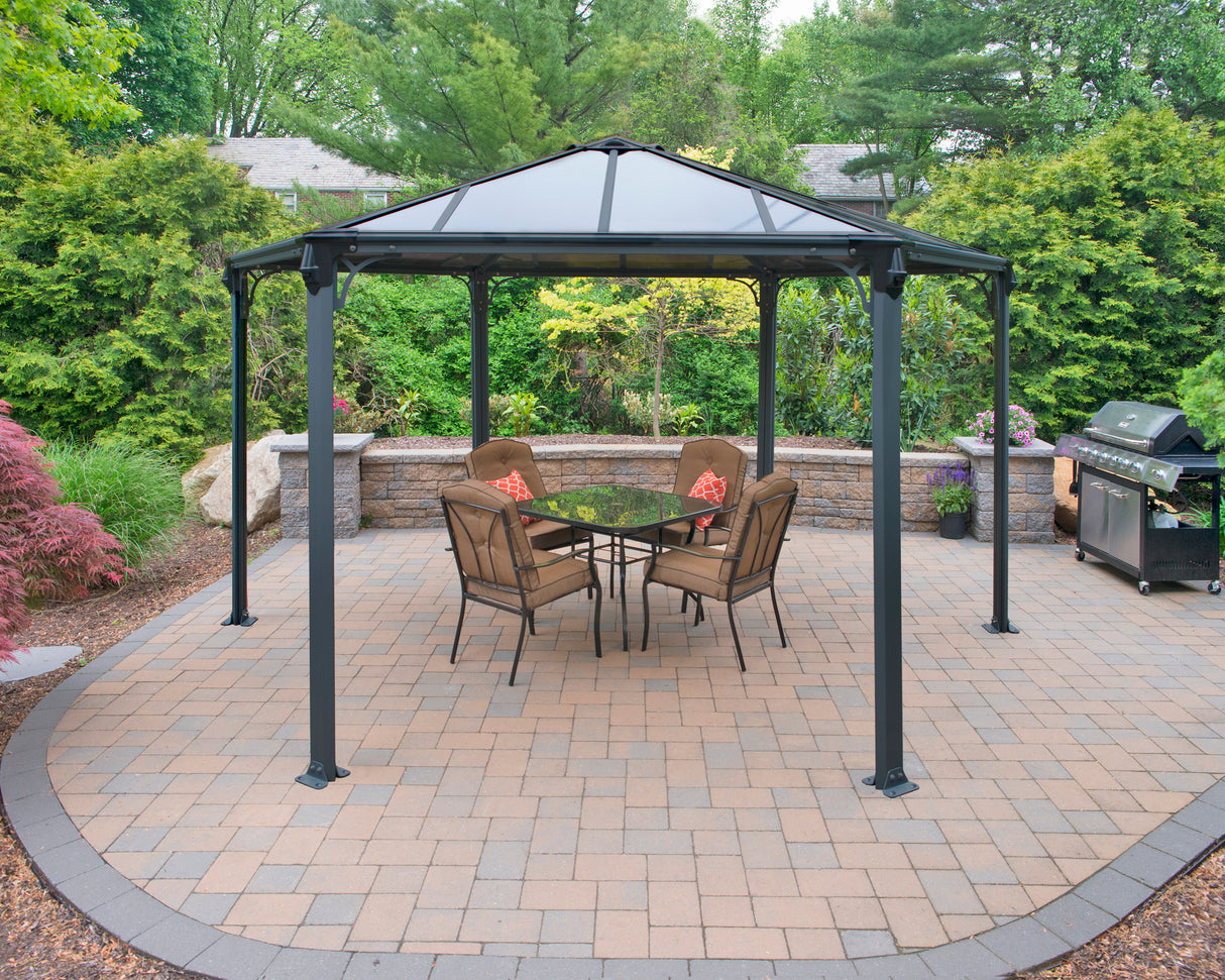 Monaco 3.9m x 4.5m Garden Hexagonal Gazebo in Grey with Polycarbonate Roof
