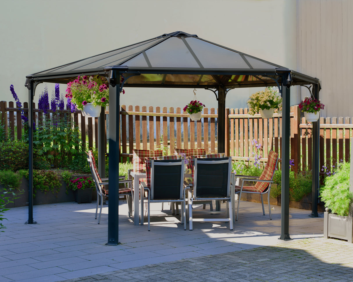 Monaco 3.9m x 4.5m Garden Hexagonal Gazebo in Grey with Polycarbonate Roof